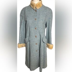 RARE VTG Long Coat icy Blue 50/60s Faux Fur cuffs Pockets Silk Liner S/M